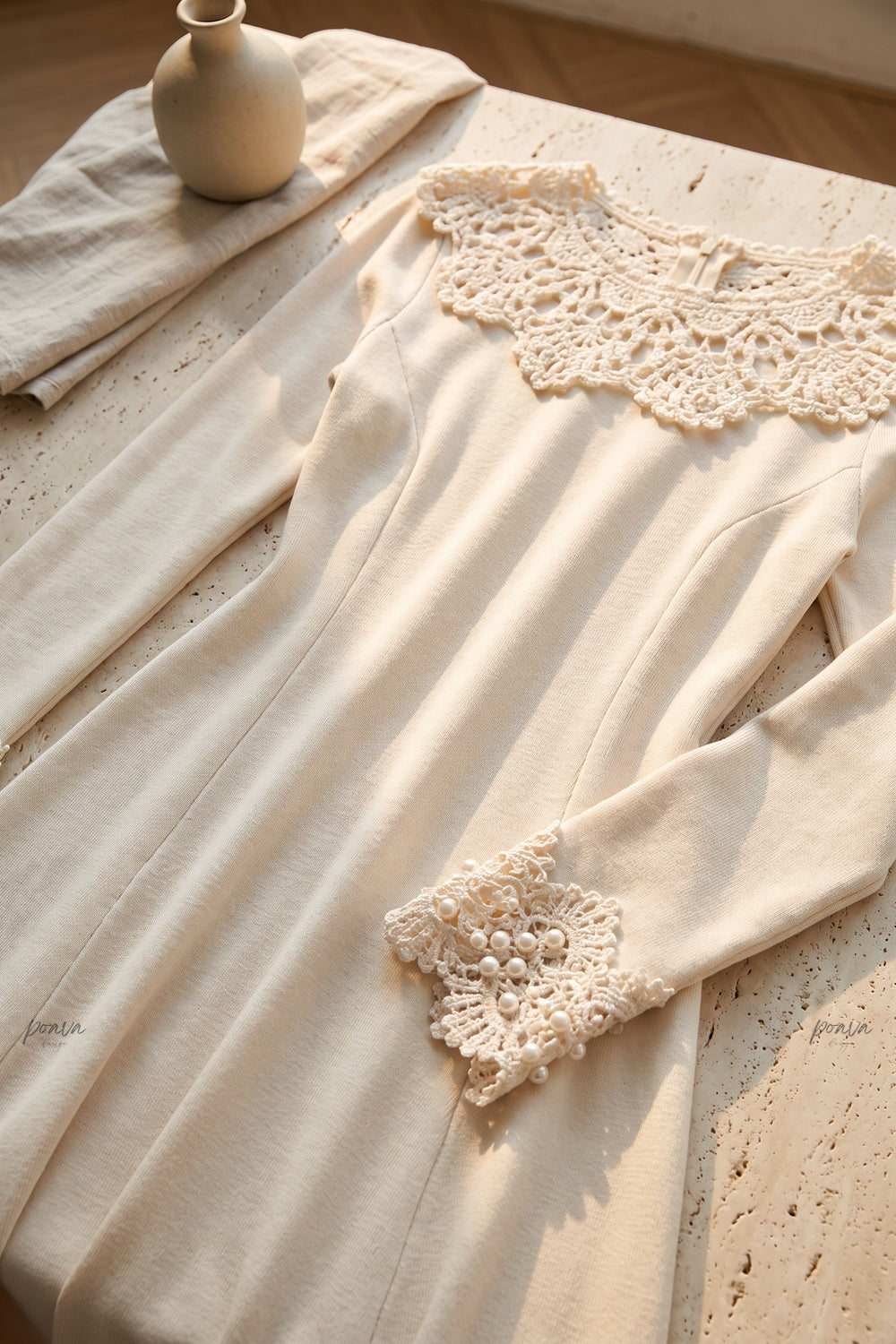 Cream Fine Knit Jersey Fit-and-Flare Dress cream fine knit jersey dress - product view 6