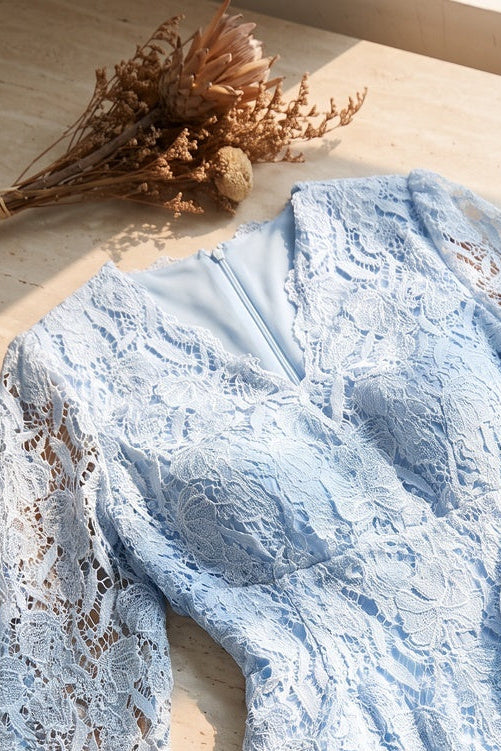 Light Blue Floral Lace Peplum Top & Pleated Maxi Skirt Two-Piece Dress Set light blue floral lace and pleated chiffon two-piece dress set - product view 6