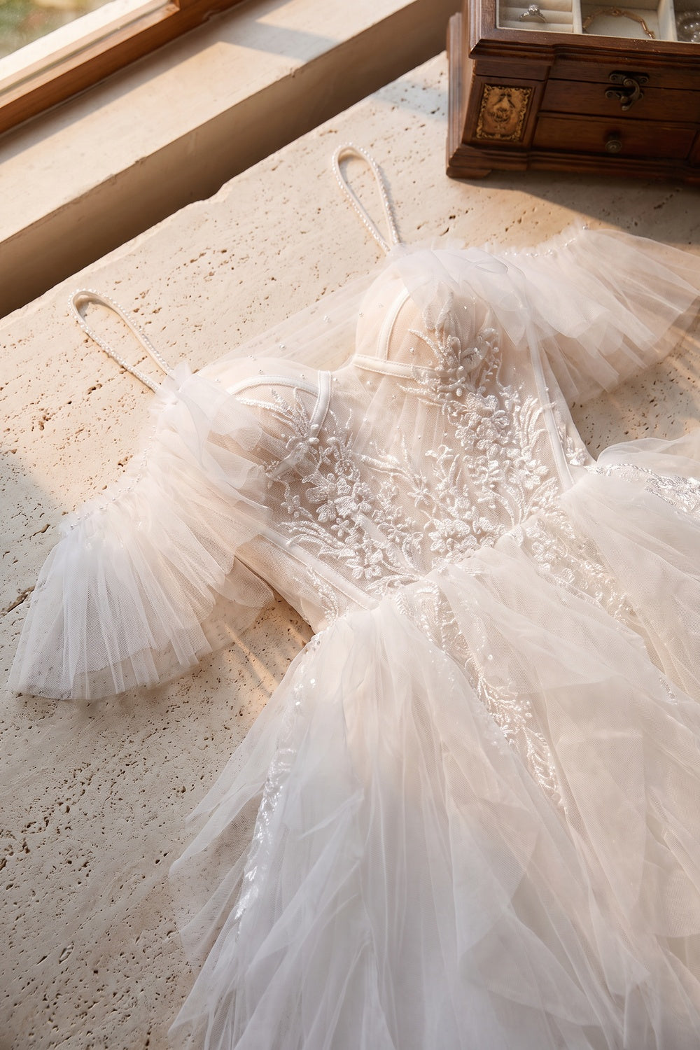 White Tulle Fit-and-Flare Mini Dress with Floral Lace Appliqué white tulle dress - product view 6