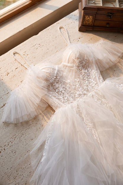White Tulle Fit-and-Flare Mini Dress with Floral Lace Appliqué white tulle dress - product view 6
