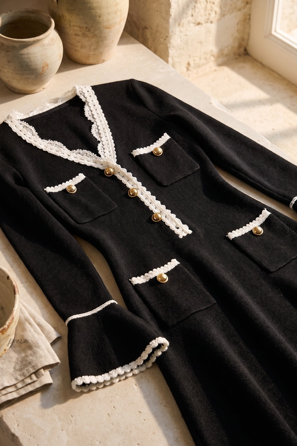 Black Heavy Compact Knit Fit-and-Flare Dress with White Scalloped Trim black heavy compact knit dress - product view 6