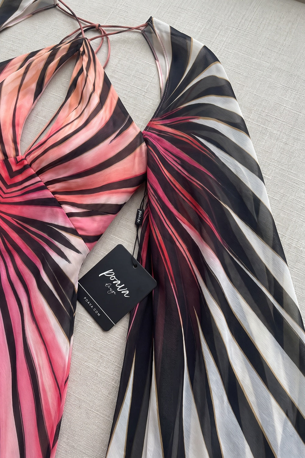 Engineered Radiating Stripe Chiffon Cape Column Gown pink, black, white chiffon gown - product view 6