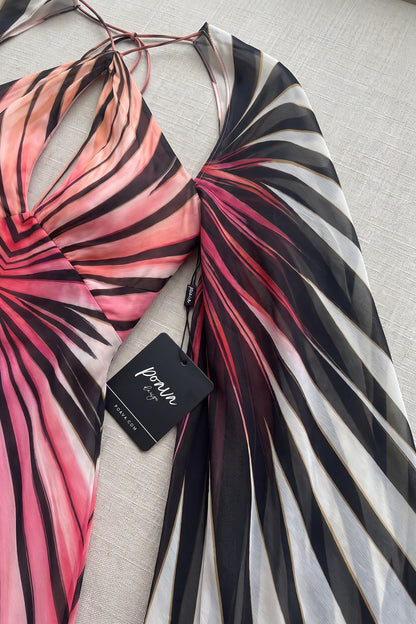 Engineered Radiating Stripe Chiffon Cape Column Gown pink, black, white chiffon gown - product view 6