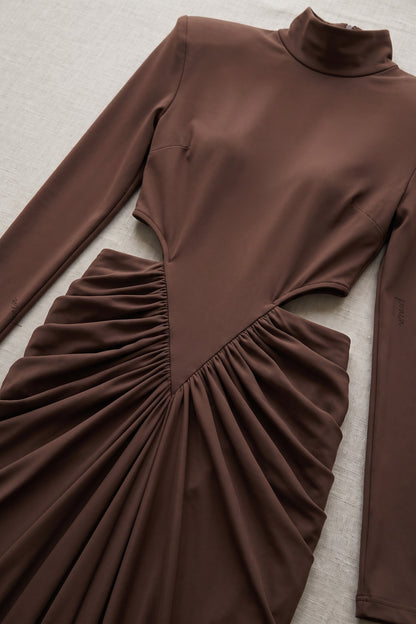 Chocolate Brown Matte Jersey Column Gown with Structured Shoulders chocolate brown matte stretch jersey gown - product view 6