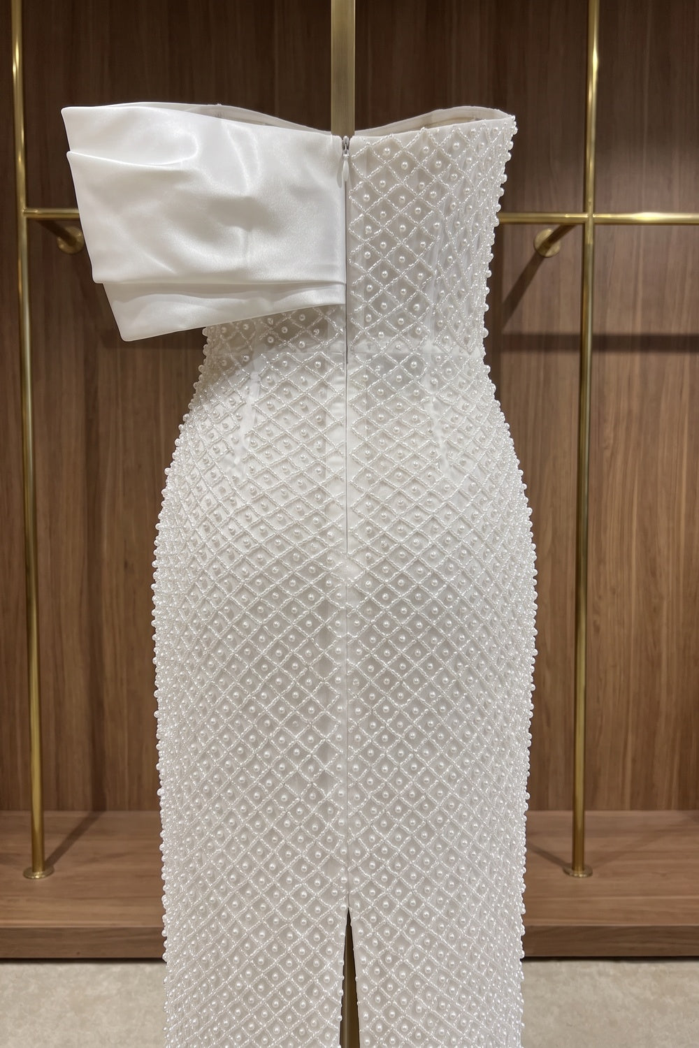 White Beaded Mesh Column Dress with Asymmetrical Satin Bow white beaded mesh dress - product view 6