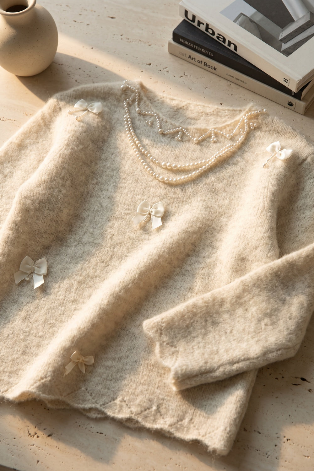 Cream Mohair-Blend Knit Sweater with Pearl and Ribbon Details cream, off-white mohair-blend knit sweater - product view 6