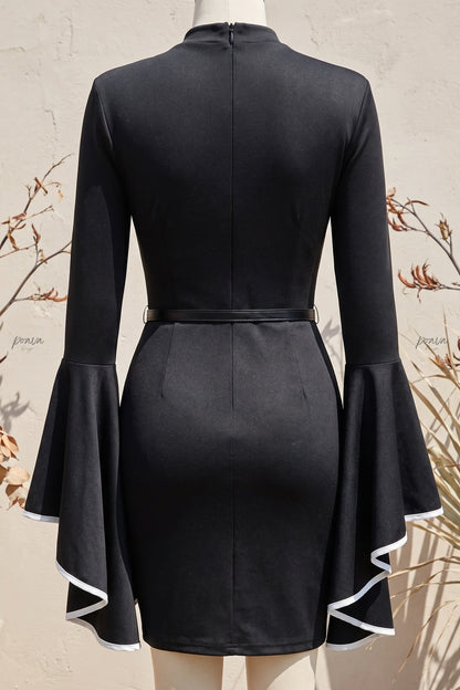 Black Bodycon Mini Dress with Tiered Bell Sleeves black stretchy synthetic blend dress - product view 4