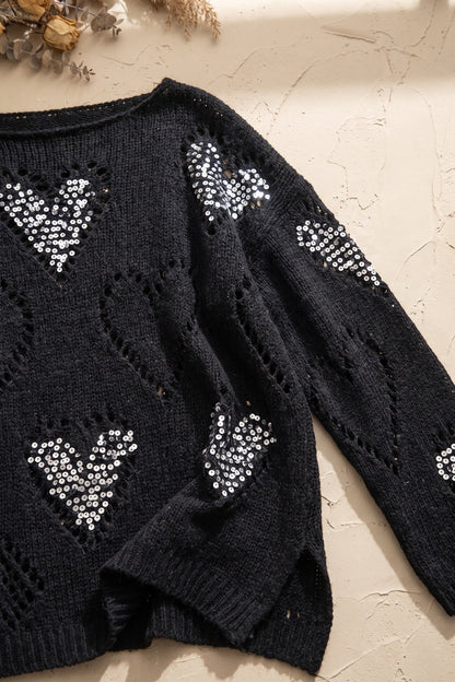 Black Open-Work Knit Oversized Sweater with Silver Sequin Hearts black open-work knit sweater - product view 6