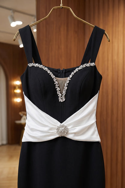 Black Stretch Crepe Column Evening Gown with White Satin Waist black heavy stretch crepe evening gown - product view 6