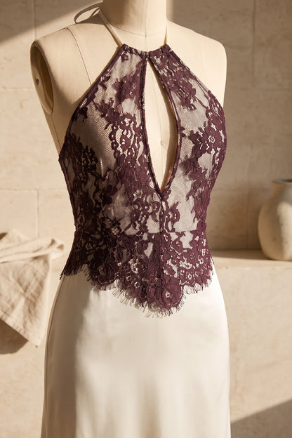Dark Plum Lace Bodice Satin Column Dress in Ivory ivory satin dress - product view 6