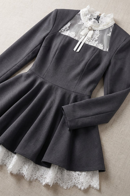 Dark Grey Structured Woven Suiting Fit-and-Flare Mini Dress dark grey structured woven suiting fabric mini dress - product view 6