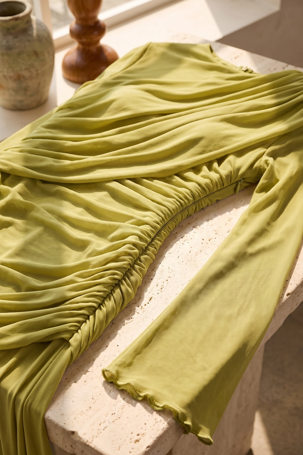 Chartreuse Ruched Mesh Gown chartreuse, olive green stretch mesh jersey gown - product view 6
