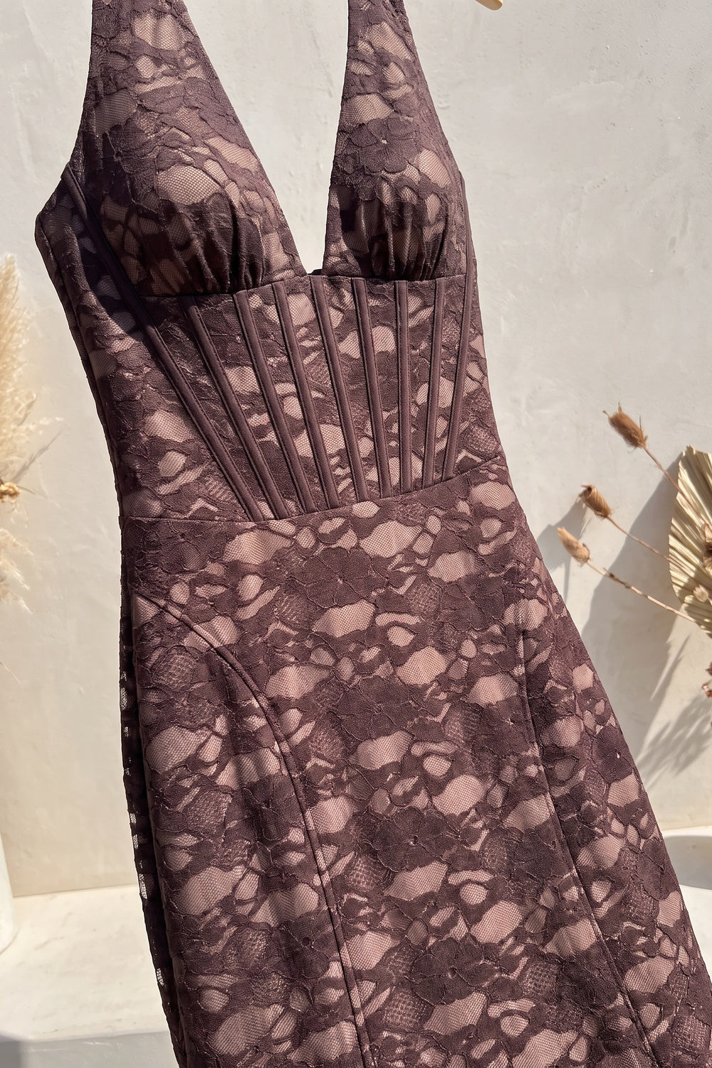 Dark Brown Floral Lace Mermaid Maxi Dress with Corset Bodice dark brown floral lace dress - product view 6