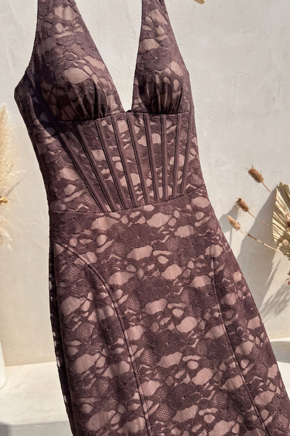 Dark Brown Floral Lace Mermaid Maxi Dress with Corset Bodice dark brown floral lace dress - product view 6