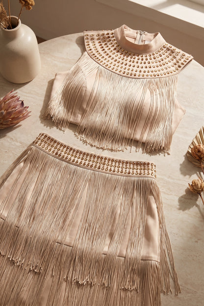 Champagne Satin Fringe Two-Piece Set with Metallic Studded Detail champagne, beige satin base with dense rayon fringe two-piece set - product view 6