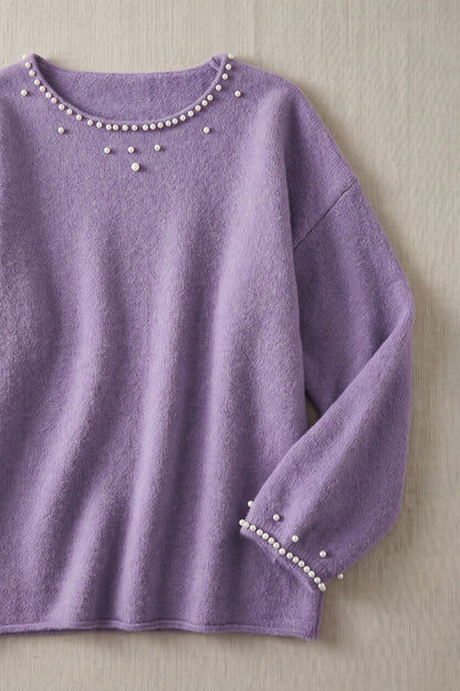 Lavender Purple Brushed Knit Pearl Embellished Sweater lavender purple brushed knit sweater - product view 6