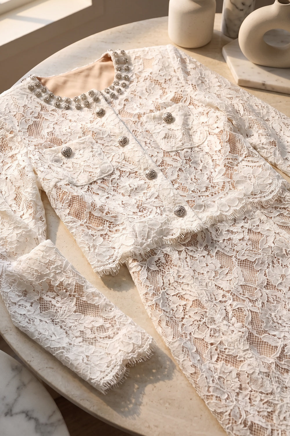 White Floral Corded Lace Two-Piece Skirt Suit White Floral corded lace Two-piece skirt suit - product view 6