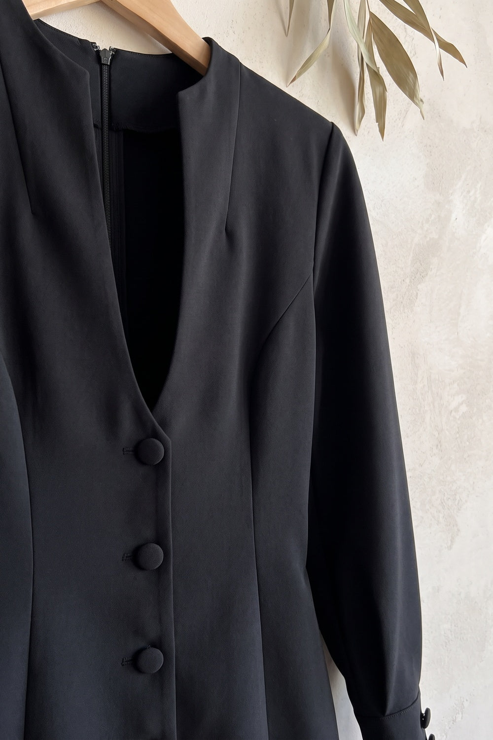 Black Structured A-Line Mini Dress | Puff Sleeves & Plunge V-Neck black structured heavy crepe or scuba-like knit mini dress - product view 6