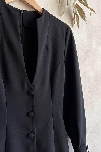 Black Structured A-Line Mini Dress | Puff Sleeves & Plunge V-Neck black structured heavy crepe or scuba-like knit mini dress - product view 6