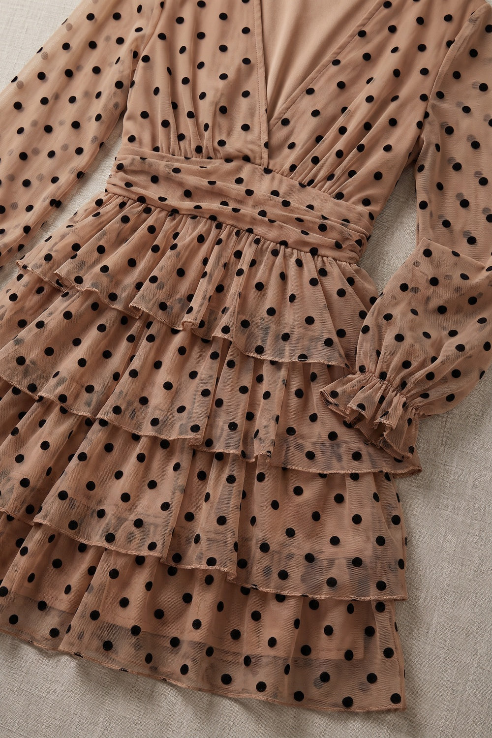 Beige Sheer Mesh Fit-and-Flare Tiered Dress beige sheer mesh dress - product view 6