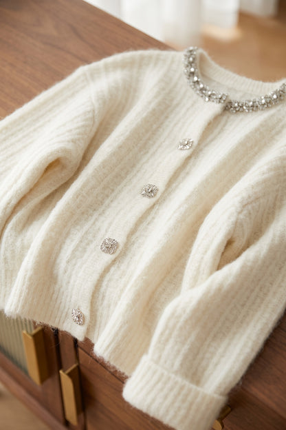 Off-White Mohair Cardigan with Rhinestone Trim off-white mohair-blend knit cardigan - product view 6
