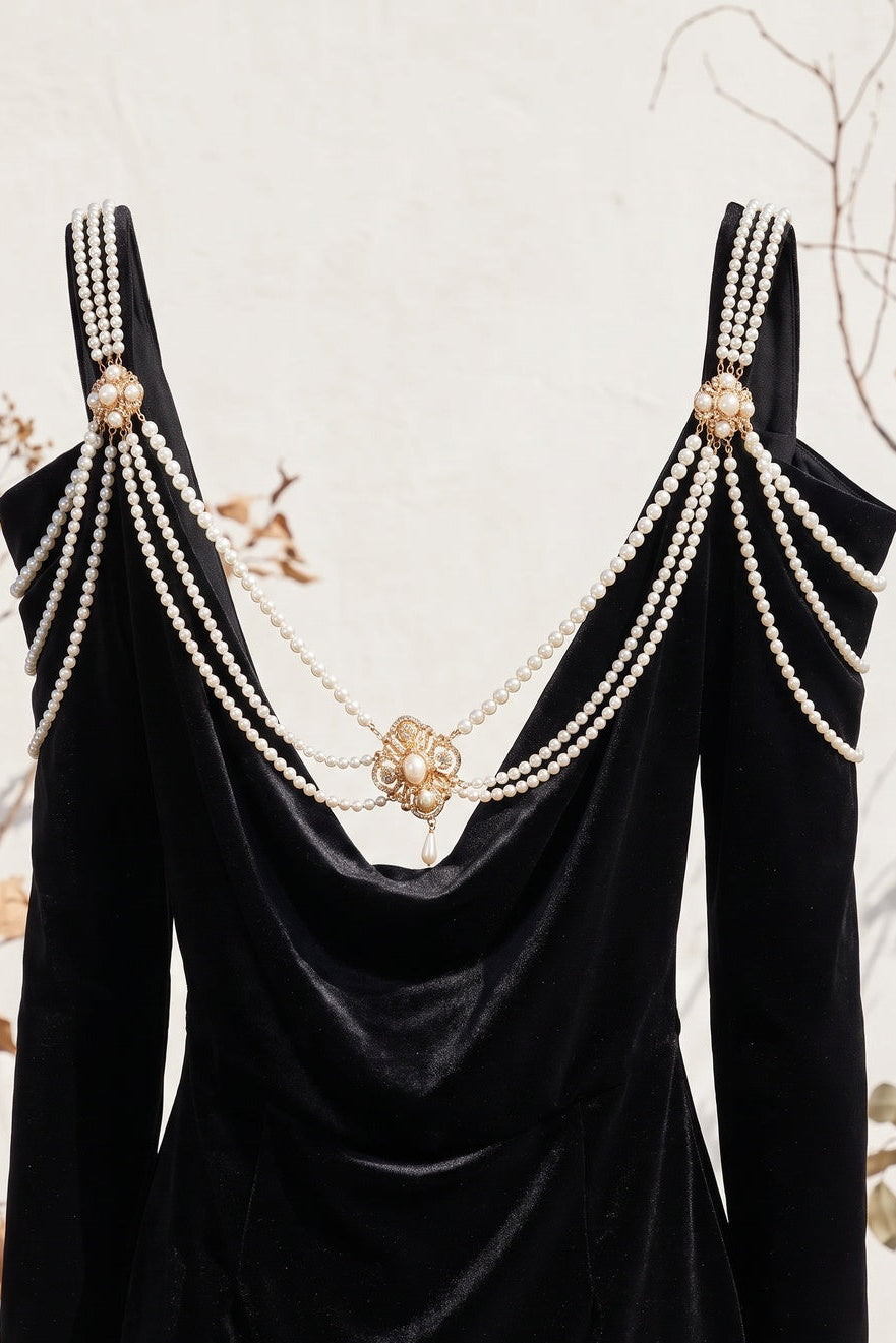 Black Velvet Cold-Shoulder Sheath Dress with Pearl Strands black velvet dress - product view 6