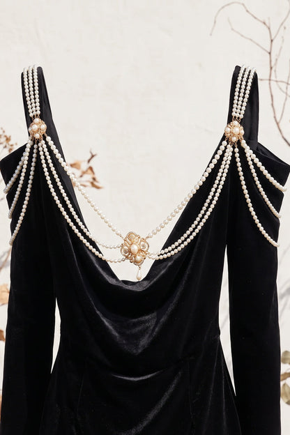 Black Velvet Cold-Shoulder Sheath Dress with Pearl Strands black velvet dress - product view 6