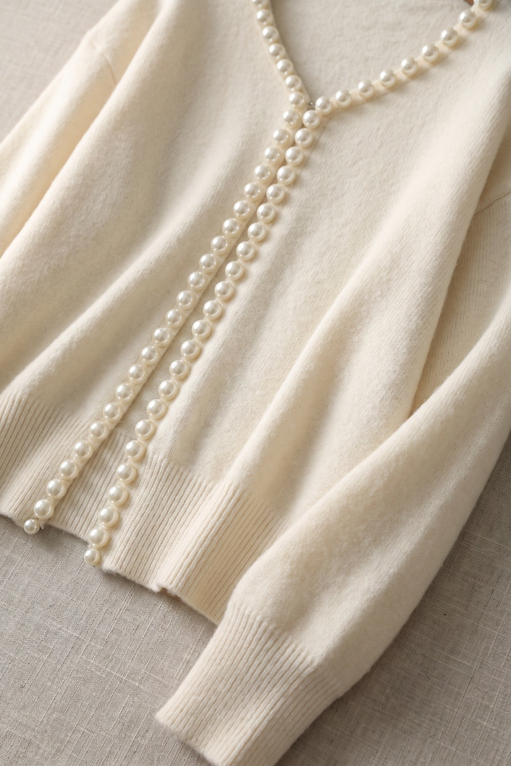 Cream Fine Knit Boxy Cropped Cardigan with Pearl Trim cream, off-white fine knit cardigan - product view 6