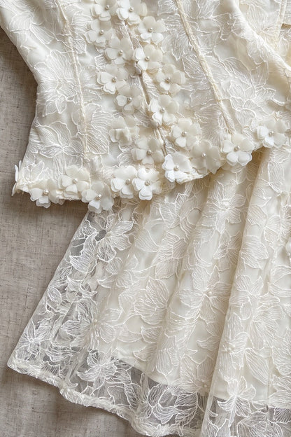 Cream Floral Lace Peplum Top & A-Line Midi Skirt Two-Piece Set cream, ivory floral lace overlay two-piece skirt set - product view 6