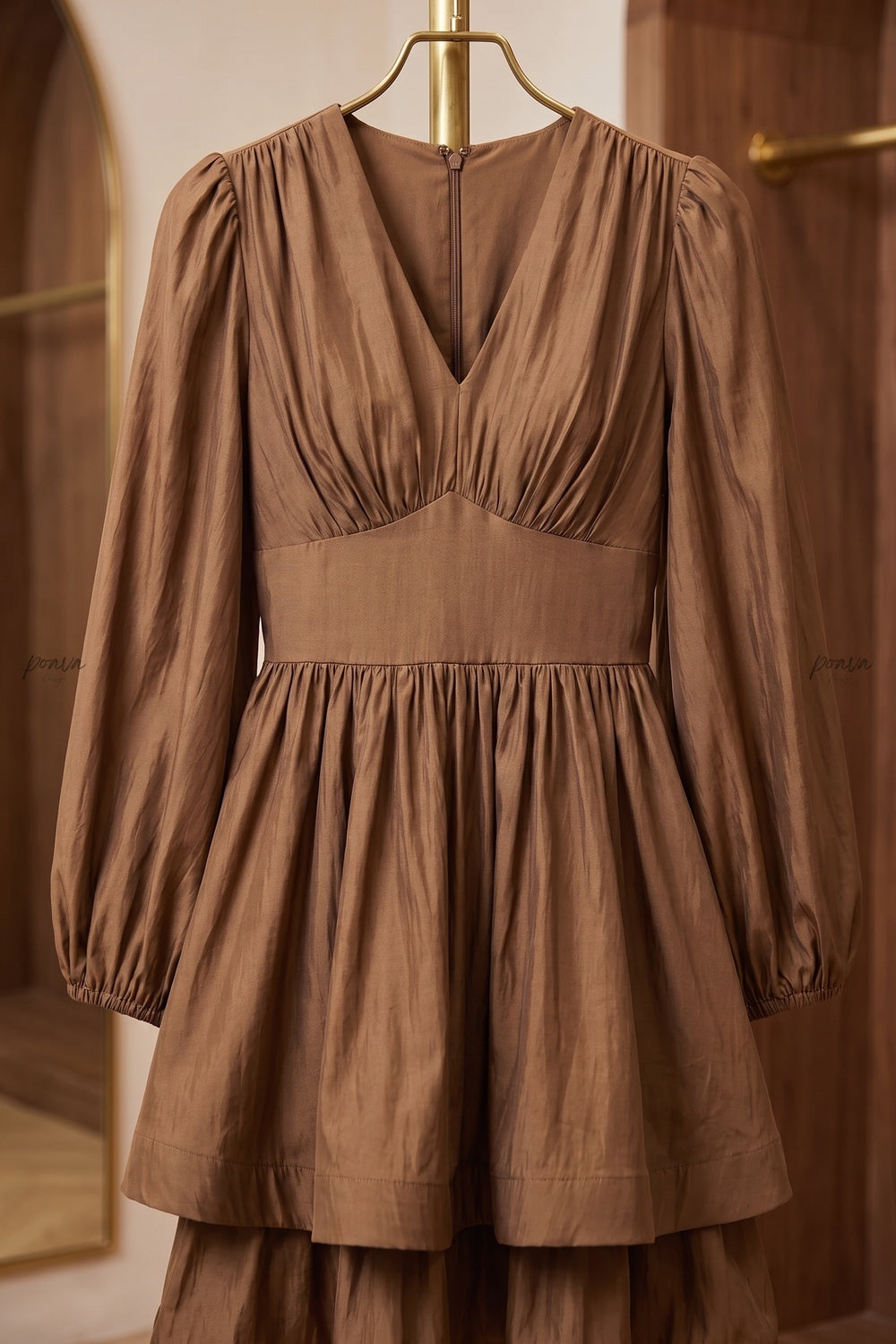 Bronze Brown Taffeta Fit-and-Flare Mini Dress bronze brown taffeta dress - product view 5