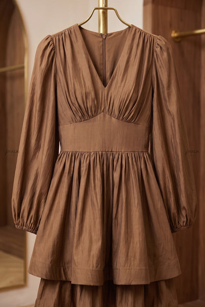 Bronze Brown Taffeta Fit-and-Flare Mini Dress bronze brown taffeta dress - product view 5