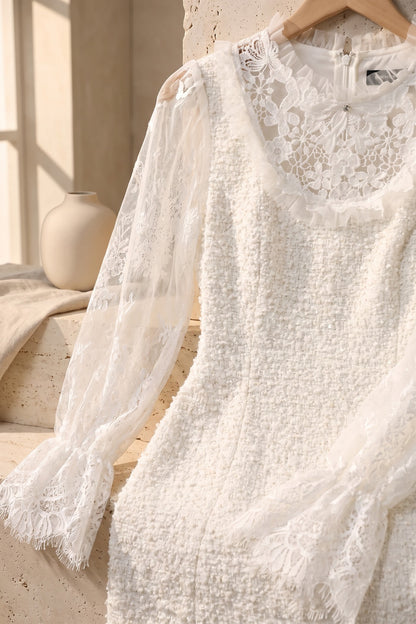 White Textured Bouclé Tweed Sheath Dress with Floral Lace Sleeves white textured bouclé tweed dress - product view 6