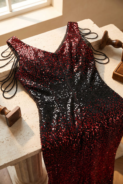 Red and Black Gradient Sequined Mermaid Evening Gown red, black sequined mesh evening gown - product view 6