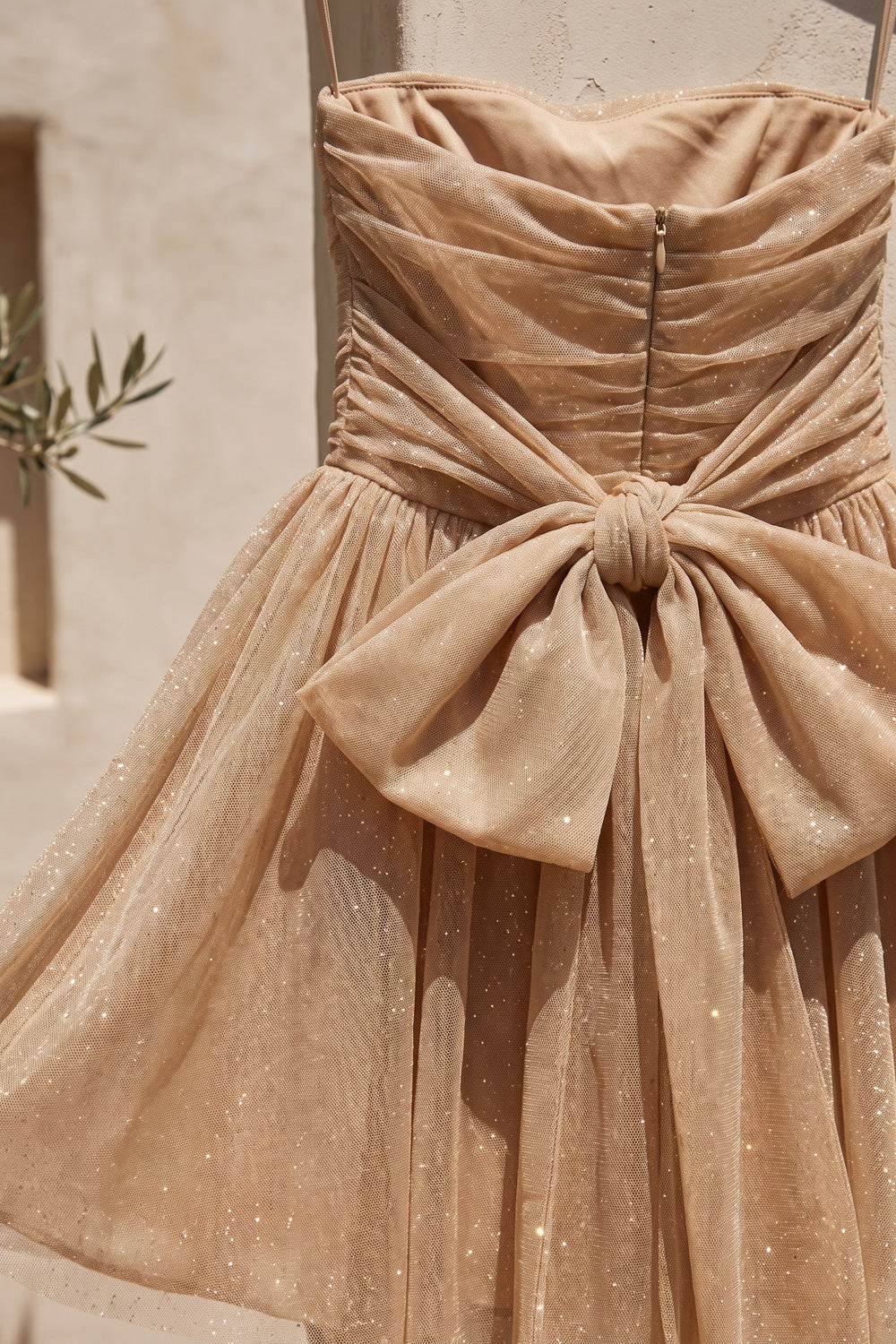 Gold Tulle Mesh Overlay Fit-and-Flare Mini Dress gold, champagne tulle mesh overlay dress - product view 6