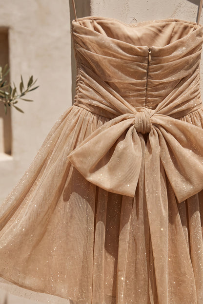 Gold Tulle Mesh Overlay Fit-and-Flare Mini Dress gold, champagne tulle mesh overlay dress - product view 6