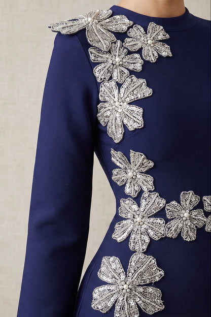 Navy Blue Heavy Crepe Column Evening Gown with Silver Floral Appliqué navy blue heavy crepe evening gown - product view 6
