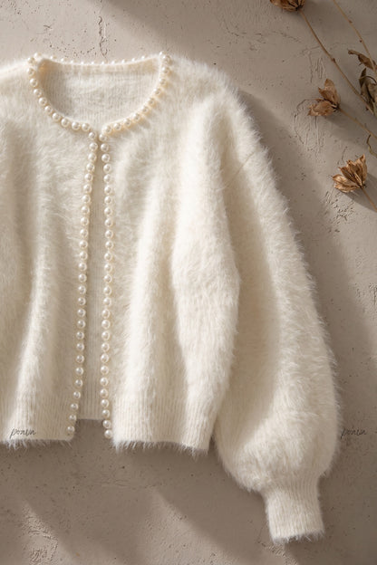 Off-White Fuzzy Mohair-Style Knit Cardigan with Pearl Trim off-white fuzzy mohair-style knit cardigan - product view 6