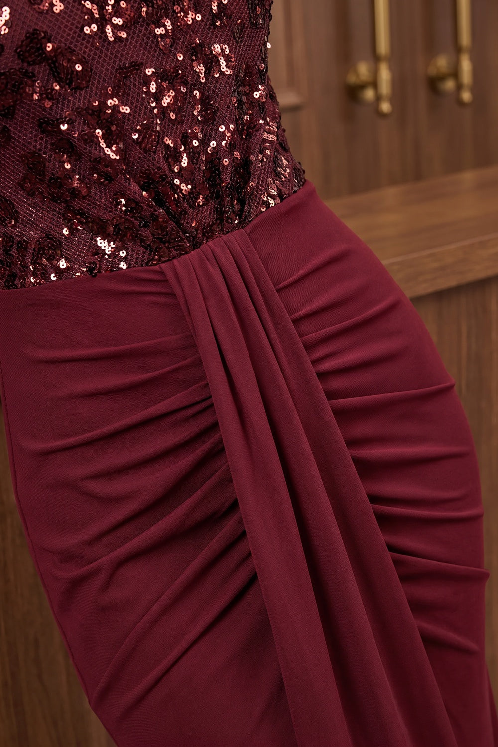 burgundy sequined mesh column evening gown burgundy sequined mesh evening gown - product view 6