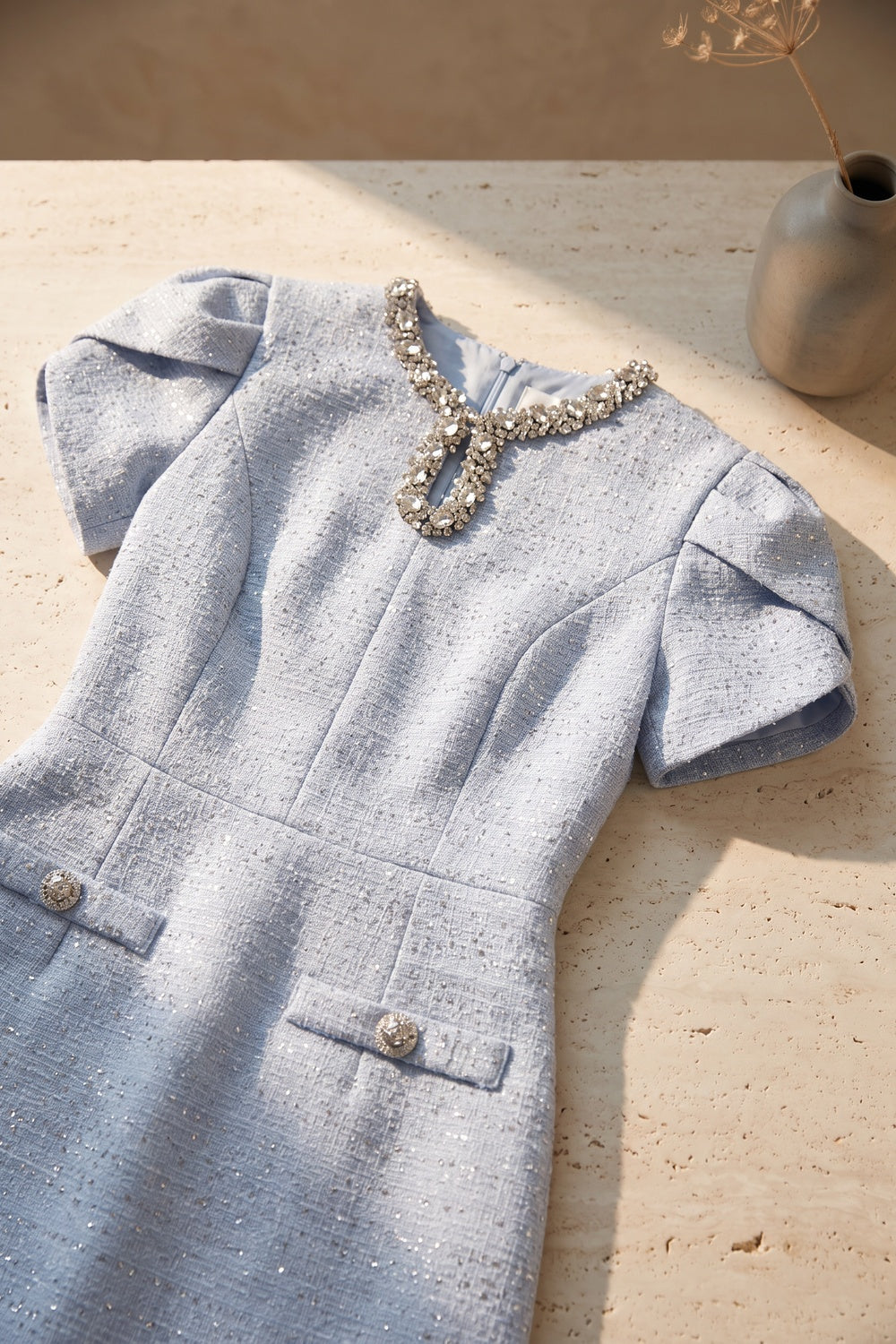 Light Blue Tweed Mini Dress with Crystal Neckline light blue tweed dress - product view 6