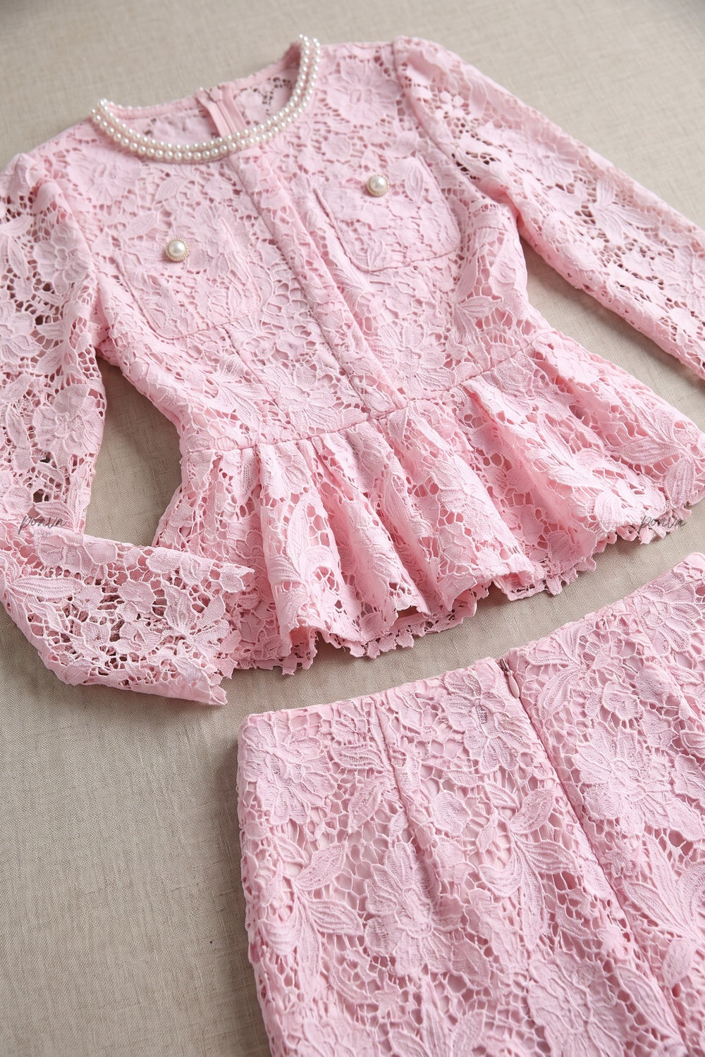Light Pink Floral Lace Two-Piece Peplum Top and Midi Pencil Skirt Set light pink floral lace two-piece skirt set - product view 5