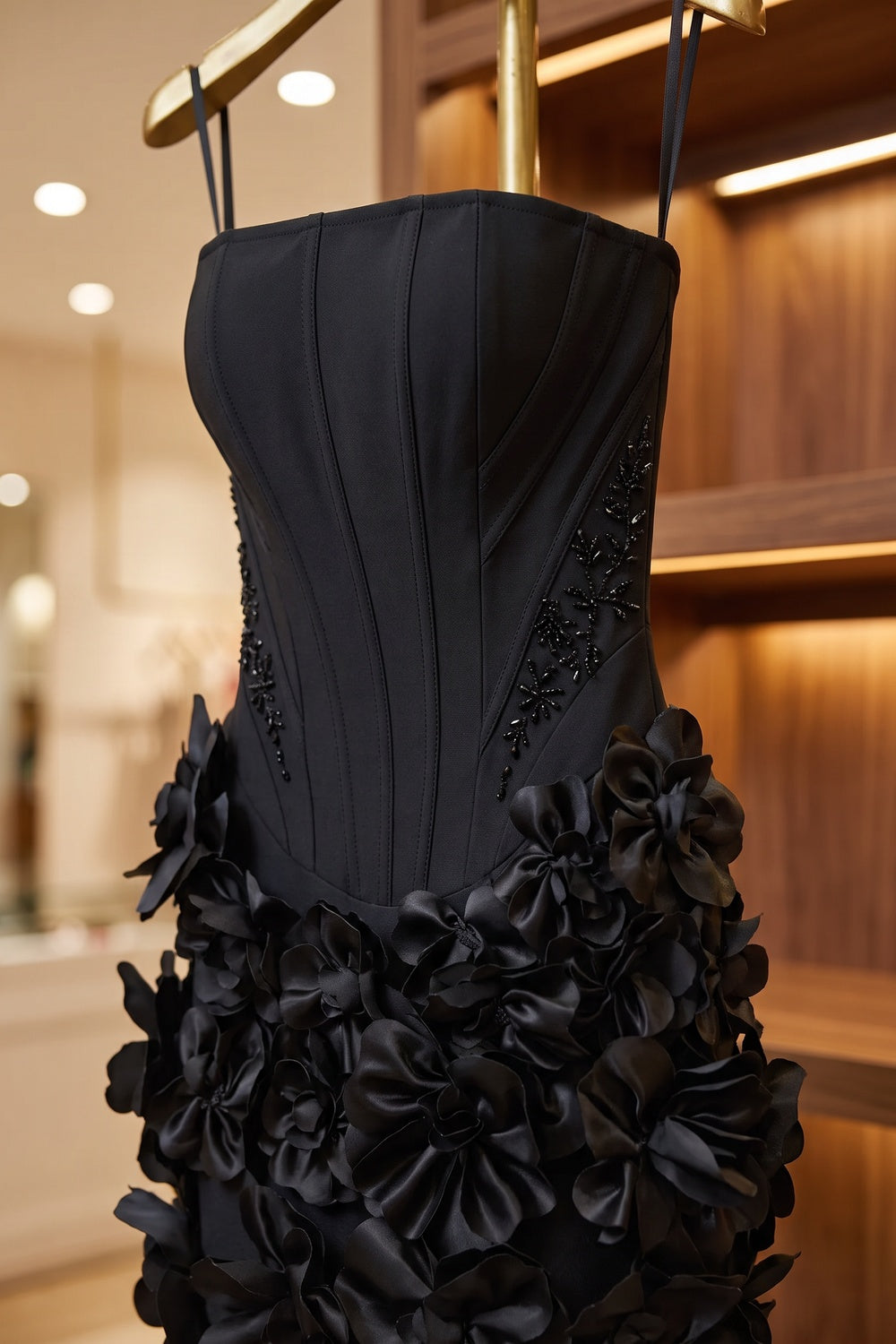 Black Structured Corset Mini Dress with 3D Floral Skirt black structured woven crepe dress - product view 6