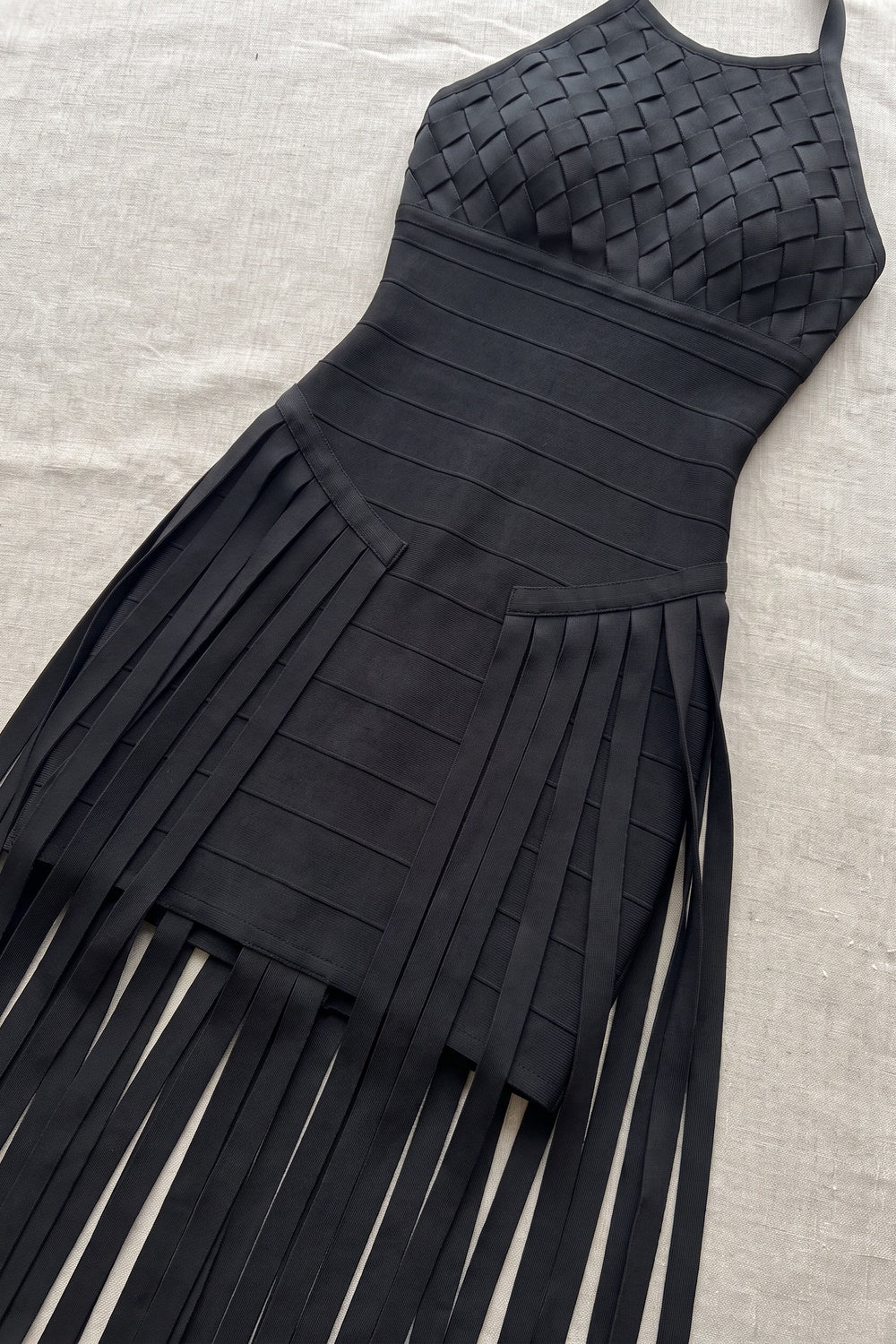 Black Bandage Knit Bodycon Gown with Fringe Overlay black bandage knit gown - product view 6