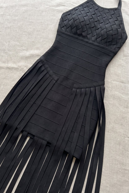 Black Bandage Knit Bodycon Gown with Fringe Overlay black bandage knit gown - product view 6