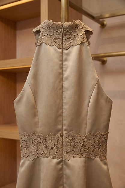 Taupe Structured Satin A-Line Midi Dress with Lace Band Detail taupe structured satin or taffeta dress - product view 6