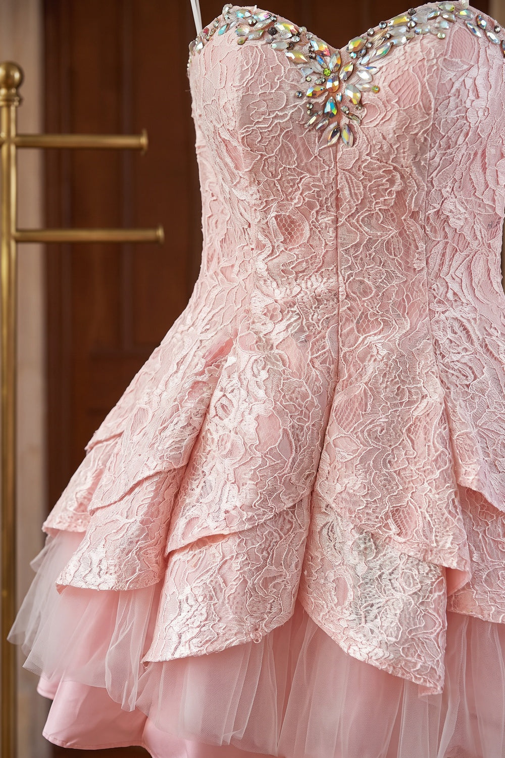 Light Pink Floral Lace Fit-and-Flare Mini Dress with Crystal Embellishments light pink floral lace dress - product view 6