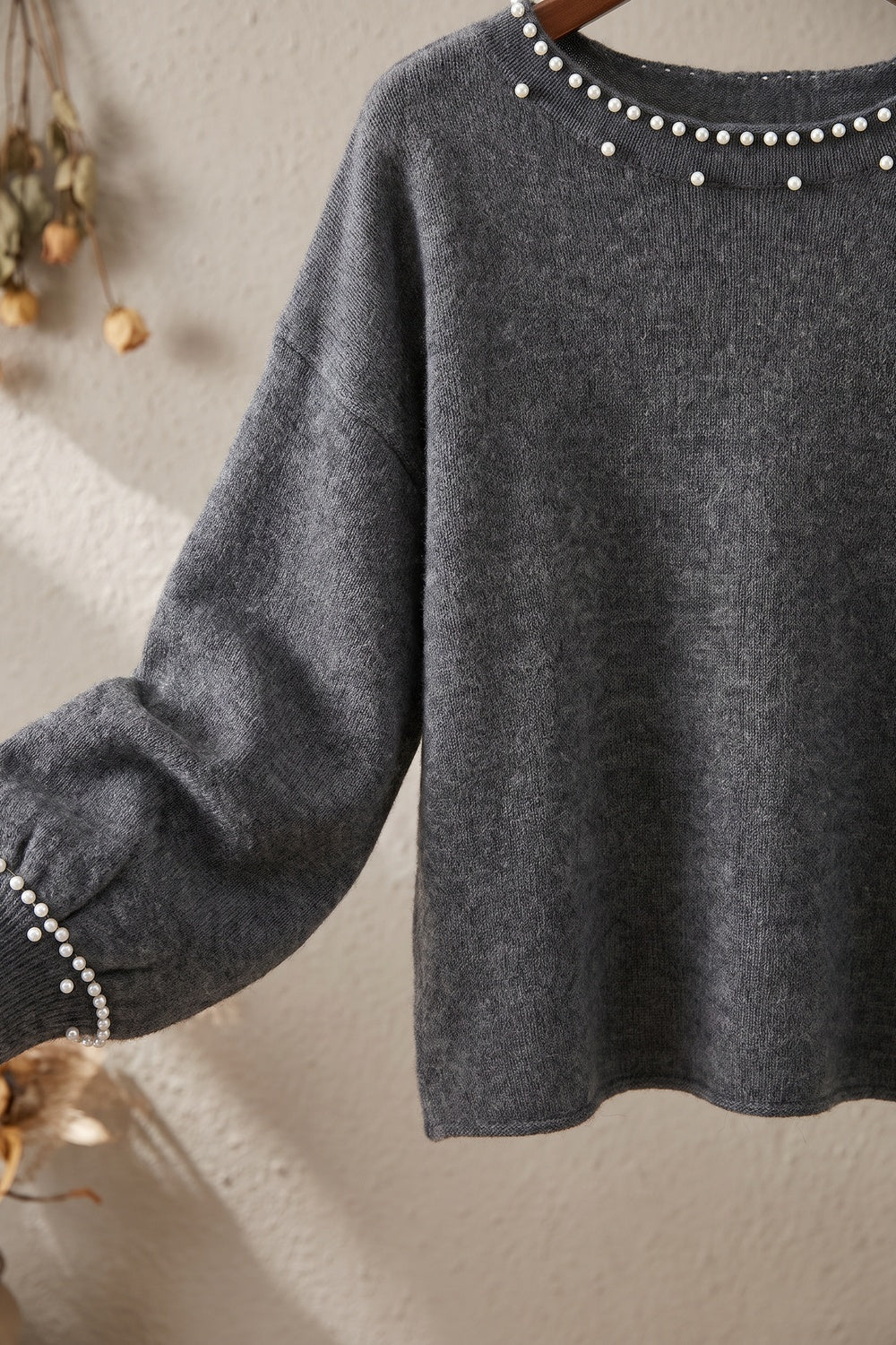 Charcoal Grey Fine-Knit Sweater with Pearl Bead Trim charcoal grey fine knit sweater - product view 6