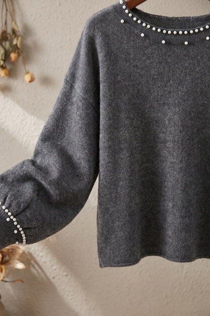 Charcoal Grey Fine-Knit Sweater with Pearl Bead Trim charcoal grey fine knit sweater - product view 6