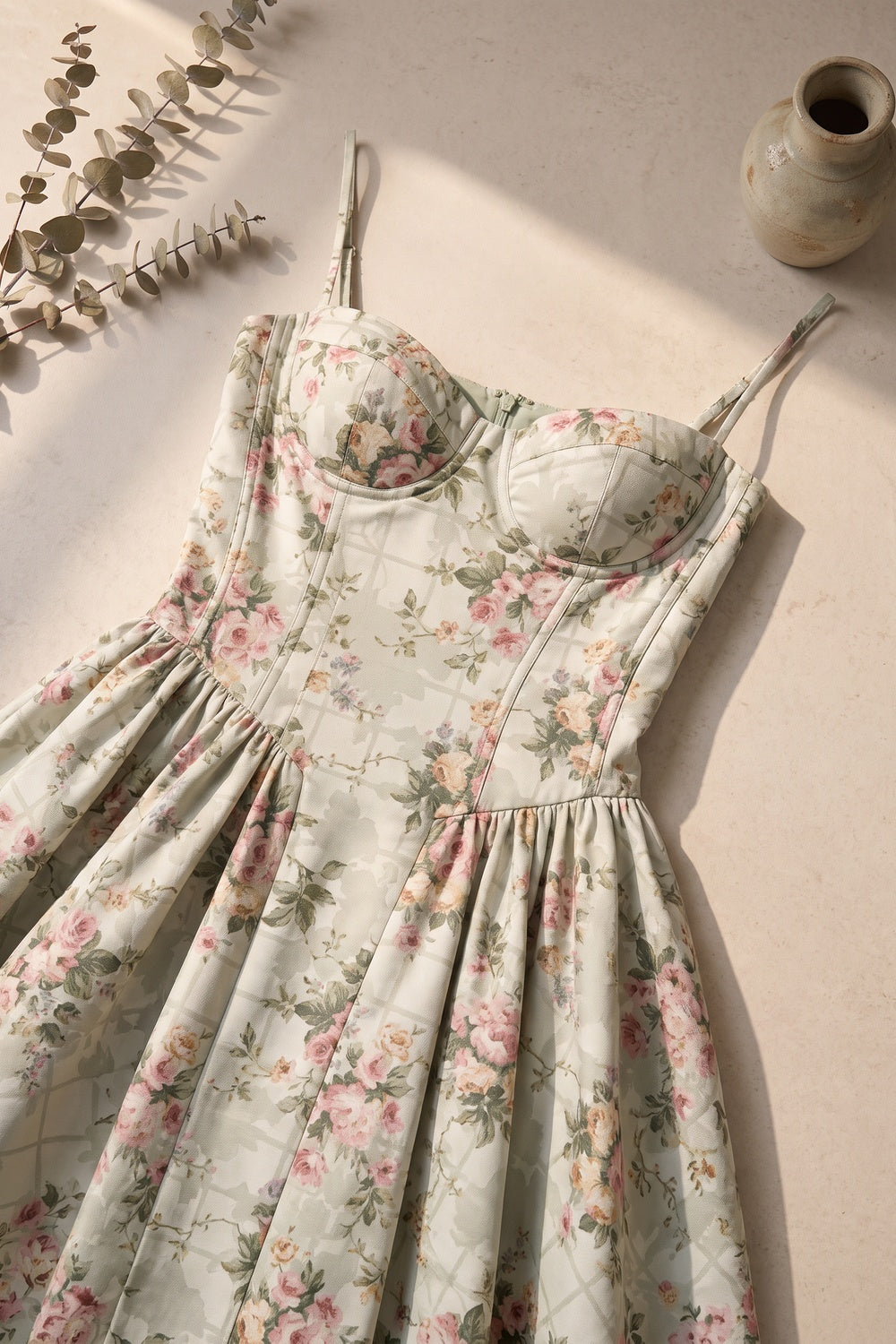 Pale Sage Green Structured Woven Cotton or Jacquard Fit-and-Flare Dress pale sage green structured woven cotton or jacquard dress - product view 6