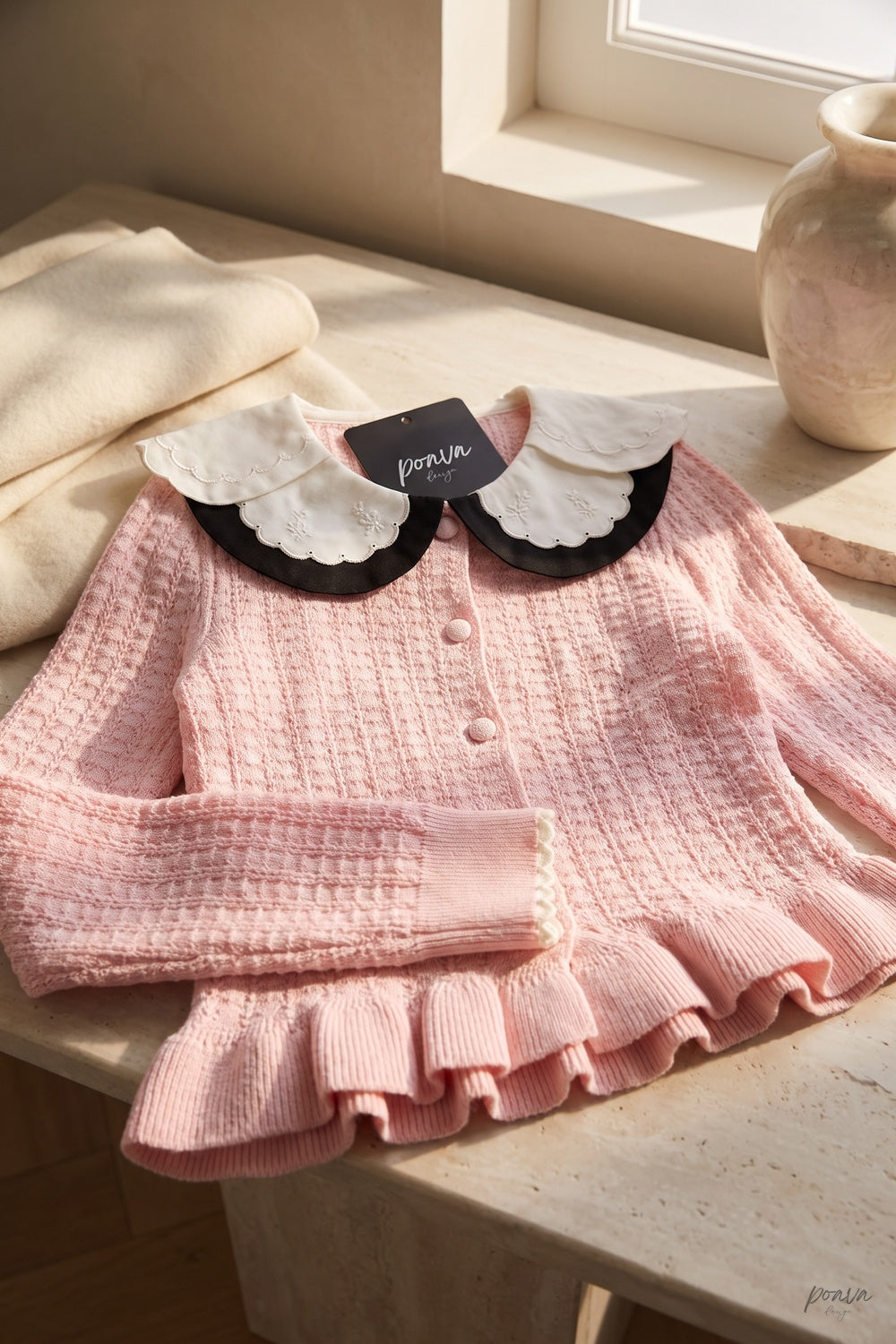Light Pink Textured Knit Fitted Ruffled Hem Cardigan light pink textured knit cardigan - product view 6