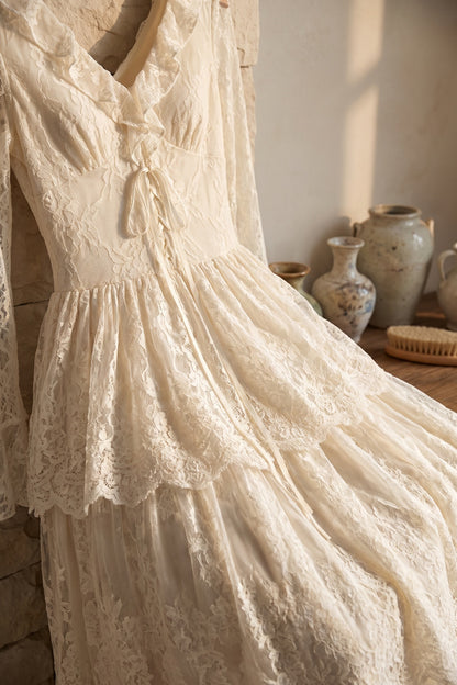 Cream Floral Lace Tiered Maxi Dress with Lace-Up Bodice cream floral lace dress - product view 6